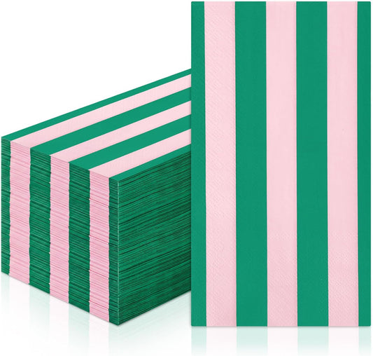 100 Pcs Palm Beach Stripe Napkins - 4.25 x 7.75 Inch 3 Ply Pink and Green Paper Guest Towels for Birthday Baby Shower Wedding Holiday Party Supplies Decor