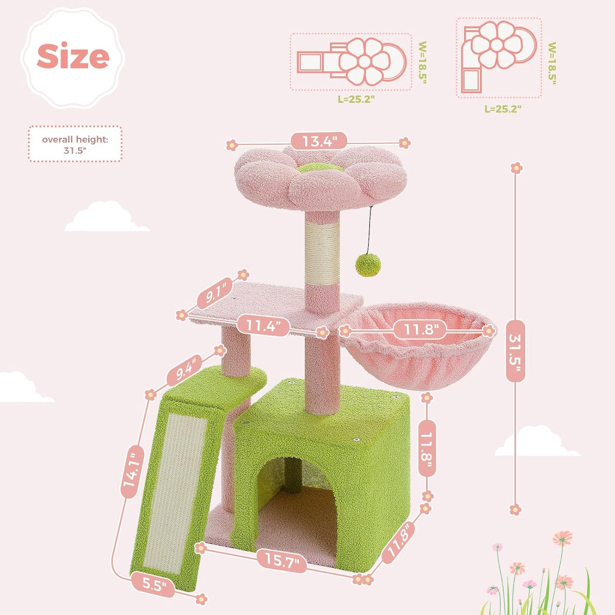 Cactus Cat Tree for Kittens & Small Cats, 32in Cat Tower,Pink