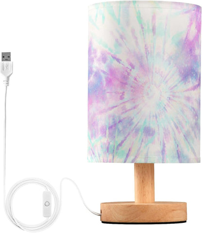 Pastel Pink Tie Dye Swirl Print Table Lamp with Wood Base Fabric Lamp Shade Bedside Nightstand Desk Lamp for Living Room Bedroom Kids Room Office