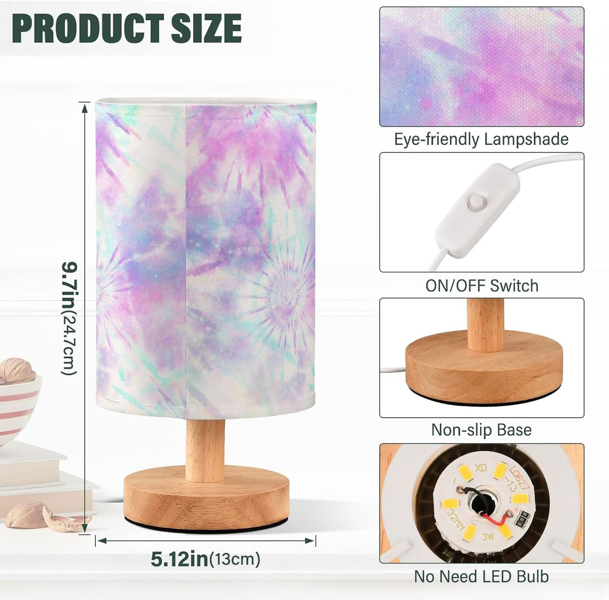 Pastel Pink Tie Dye Swirl Print Table Lamp with Wood Base Fabric Lamp Shade Bedside Nightstand Desk Lamp for Living Room Bedroom Kids Room Office