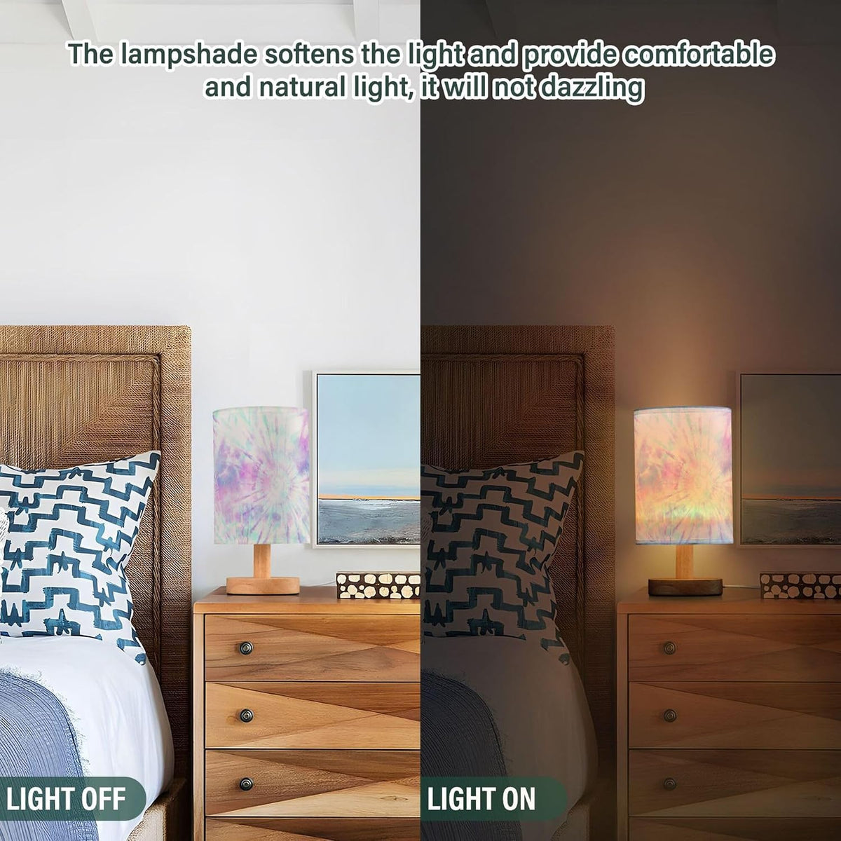 Pastel Pink Tie Dye Swirl Print Table Lamp with Wood Base Fabric Lamp Shade Bedside Nightstand Desk Lamp for Living Room Bedroom Kids Room Office