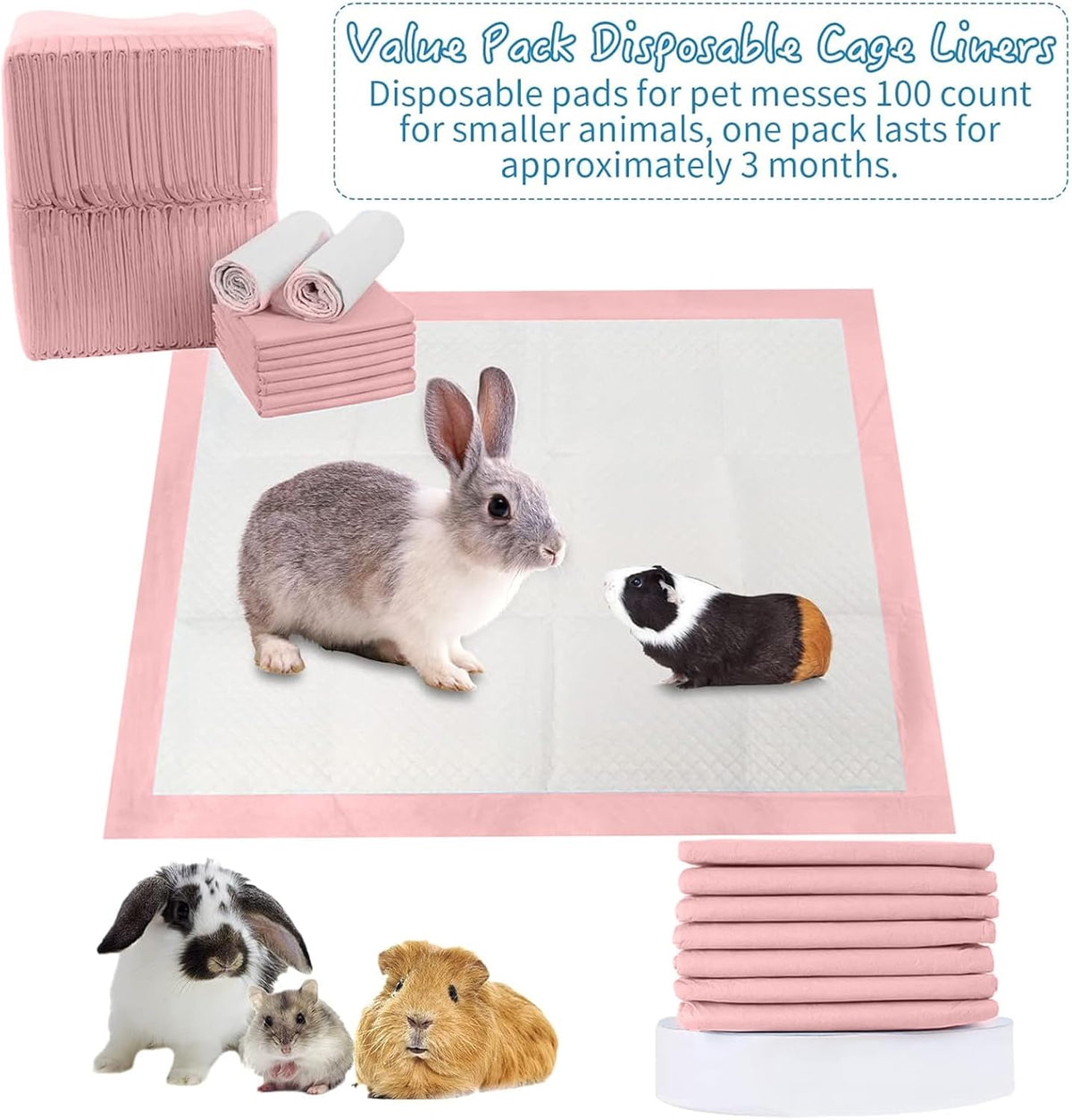 Rabbit Pee Pads 100 Pcs 18"× 13" Disposable Cage Liners Leak-Proof Super Absorbent Potty Training Pad for Puppy Guinea Pigs Hedgehog Hamsters Chinchillas Cats and Other Small Animals