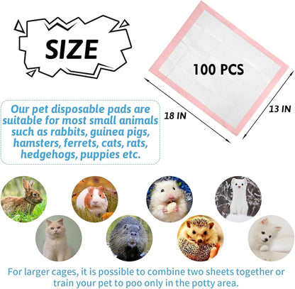 Rabbit Pee Pads 100 Pcs 18"× 13" Disposable Cage Liners Leak-Proof Super Absorbent Potty Training Pad for Puppy Guinea Pigs Hedgehog Hamsters Chinchillas Cats and Other Small Animals