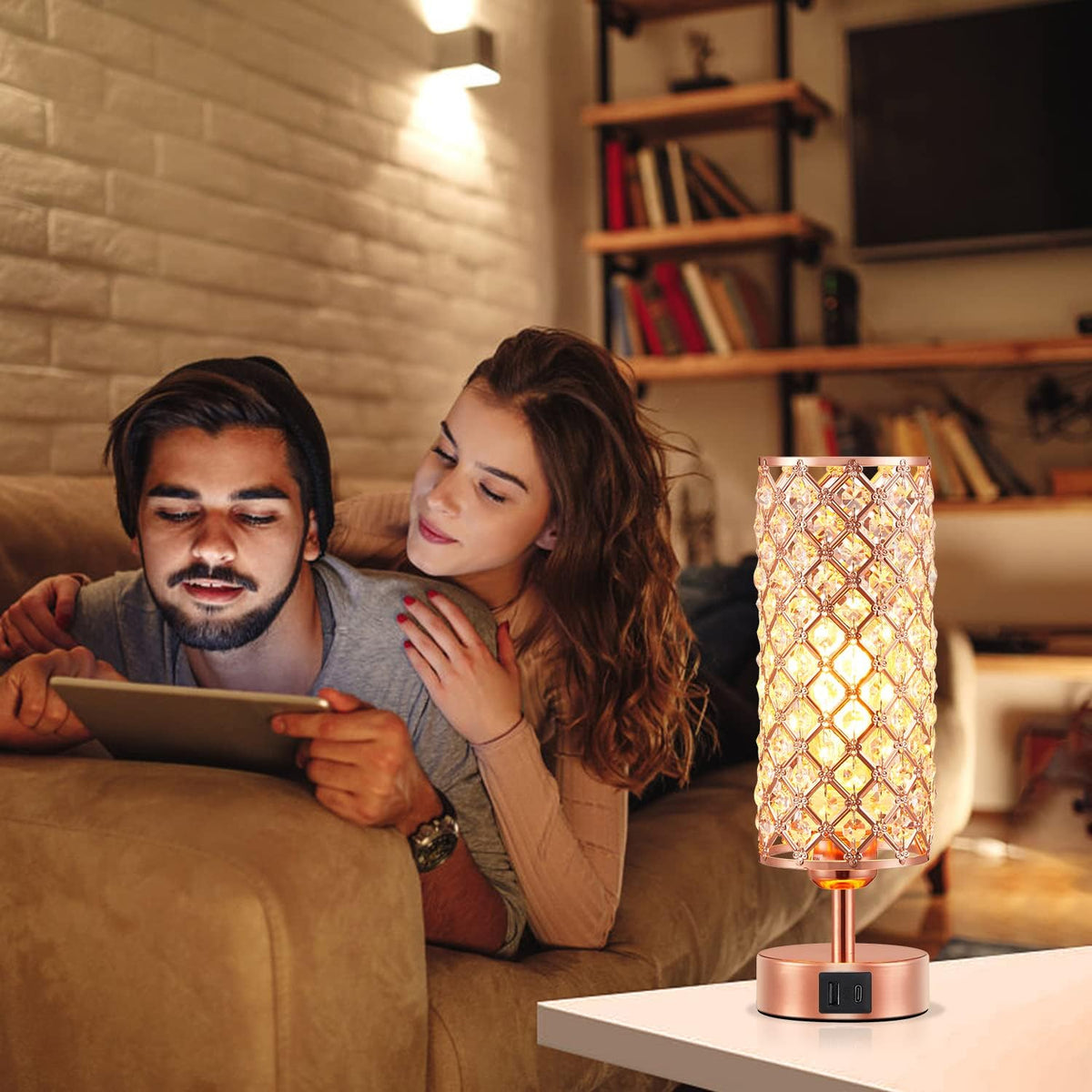 Pink Crystal Table Lamp, 3 Way Dimmable Touch Lamps for Night Stands