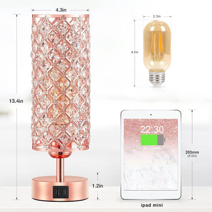 Pink Crystal Table Lamp, 3 Way Dimmable Touch Lamps for Night Stands