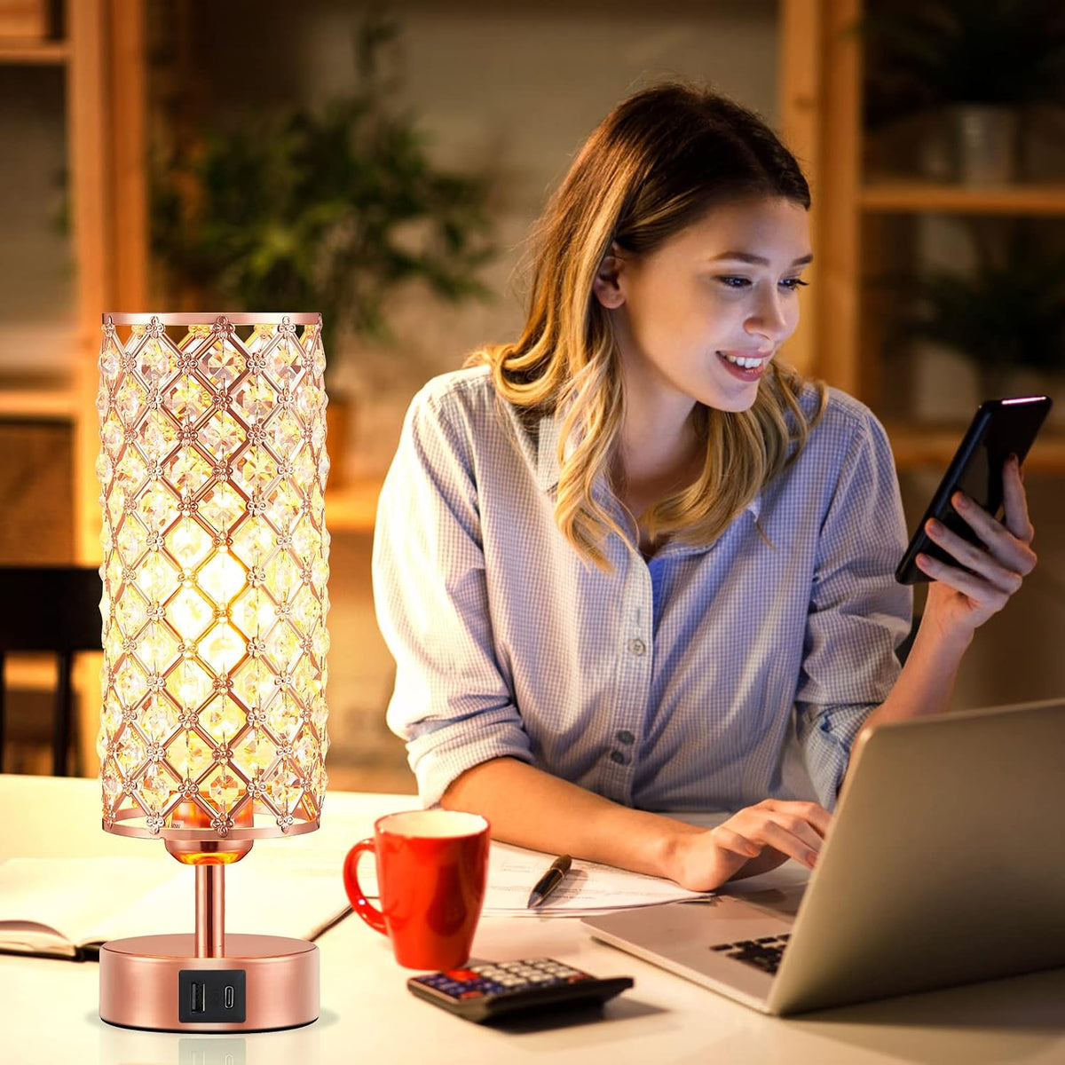 Pink Crystal Table Lamp, 3 Way Dimmable Touch Lamps for Night Stands