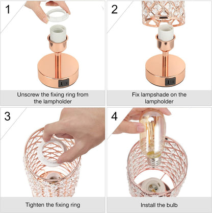 Pink Crystal Table Lamp, 3 Way Dimmable Touch Lamps for Night Stands