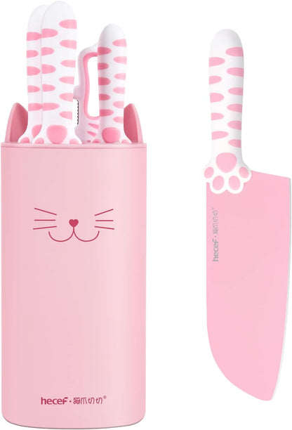 Cute Kitchen Knife Set, Dishwasher Safe, 5-piece Non-Stcik Knives Set with Detachable Block and Scissors,Sharp for Chopping, Slicing, Dicing and Cutting (Pink)