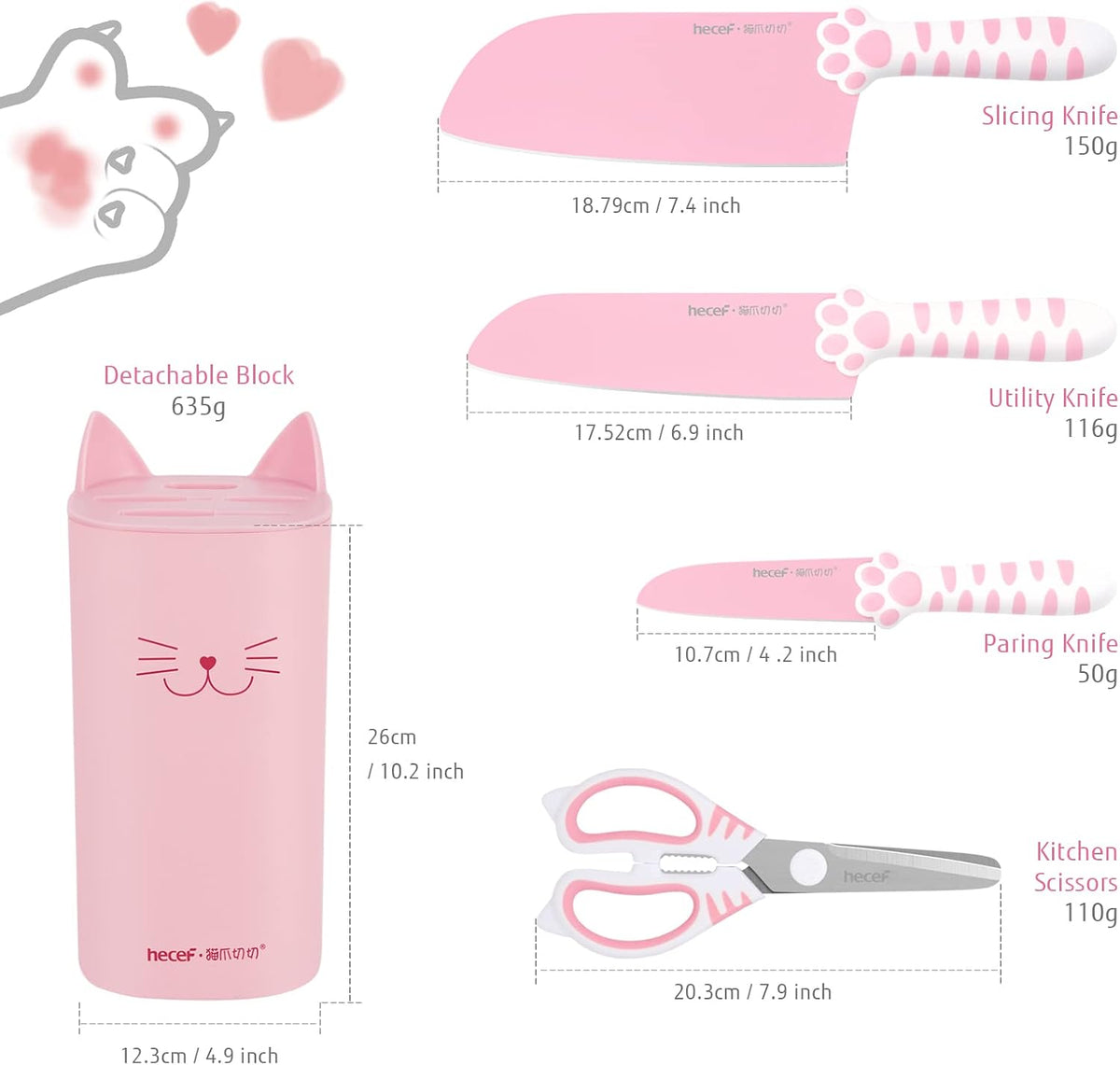 Cute Kitchen Knife Set, Dishwasher Safe, 5-piece Non-Stcik Knives Set with Detachable Block and Scissors,Sharp for Chopping, Slicing, Dicing and Cutting (Pink)