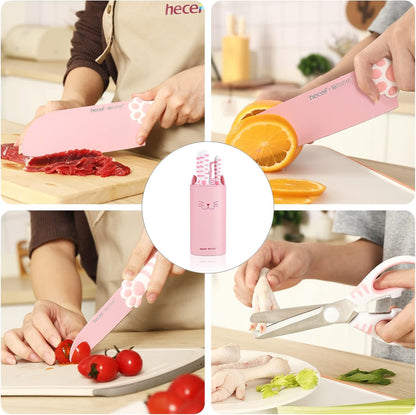 Cute Kitchen Knife Set, Dishwasher Safe, 5-piece Non-Stcik Knives Set with Detachable Block and Scissors,Sharp for Chopping, Slicing, Dicing and Cutting (Pink)