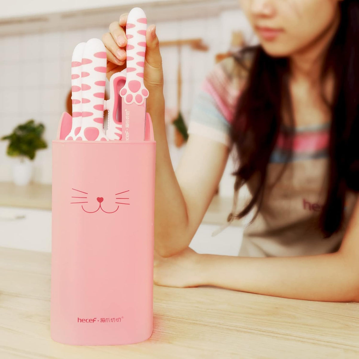 Cute Kitchen Knife Set, Dishwasher Safe, 5-piece Non-Stcik Knives Set with Detachable Block and Scissors,Sharp for Chopping, Slicing, Dicing and Cutting (Pink)