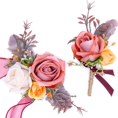 Orange Pink Corsage and Boutonniere Set for Prom Homecoming Flower
