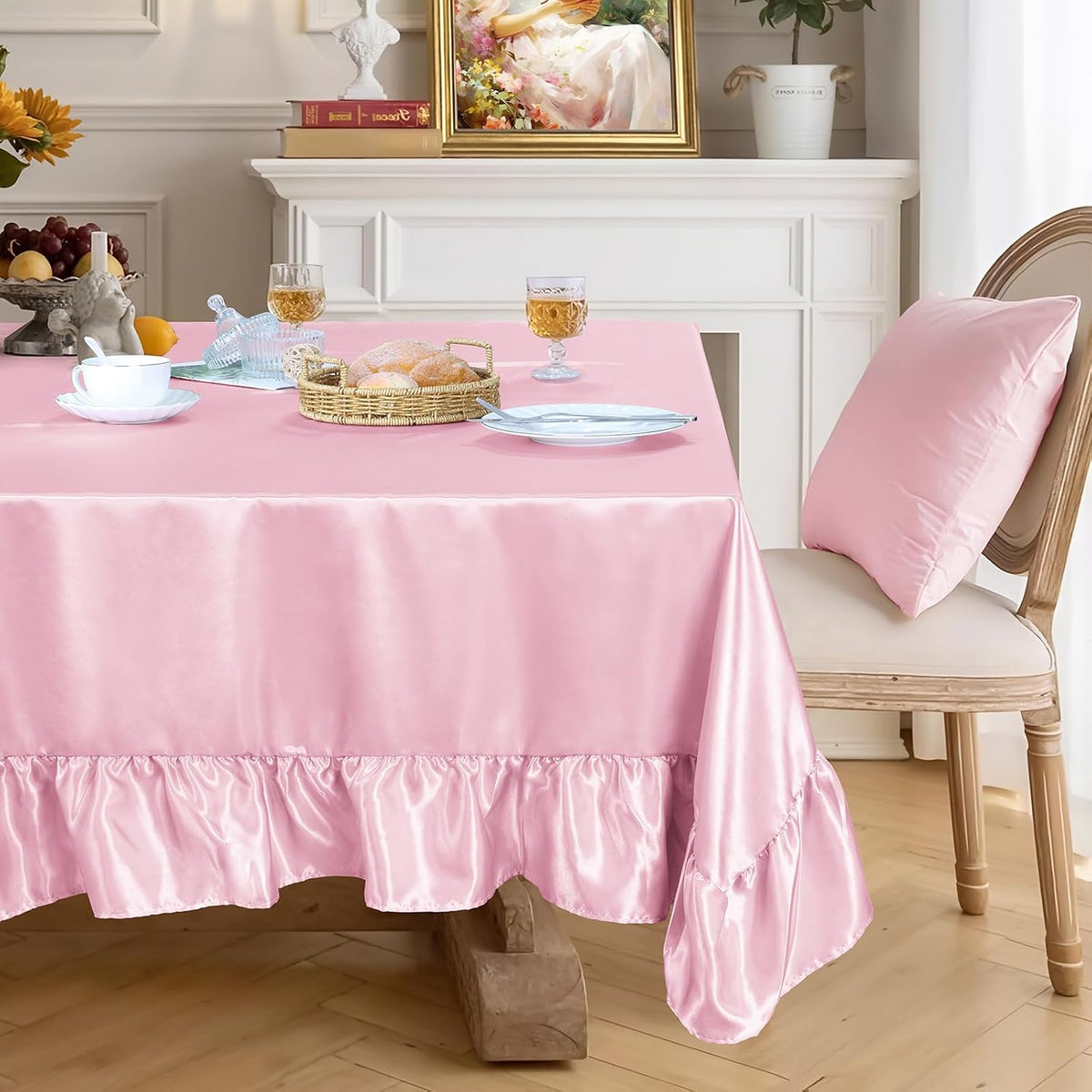 Satin Ruffle Edge Tablecloth - Light Pink Satin Table Cover 52 x 70 Inch Rectangle Bright Silk Table Cloth for Weddings, Banquets, or Home Dining