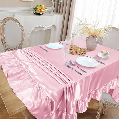 Satin Ruffle Edge Tablecloth - Light Pink Satin Table Cover 52 x 70 Inch Rectangle Bright Silk Table Cloth for Weddings, Banquets, or Home Dining