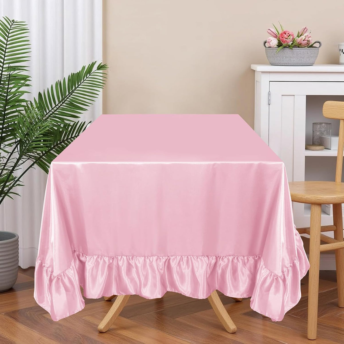 Satin Ruffle Edge Tablecloth - Light Pink Satin Table Cover 52 x 70 Inch Rectangle Bright Silk Table Cloth for Weddings, Banquets, or Home Dining