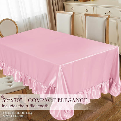 Satin Ruffle Edge Tablecloth - Light Pink Satin Table Cover 52 x 70 Inch Rectangle Bright Silk Table Cloth for Weddings, Banquets, or Home Dining