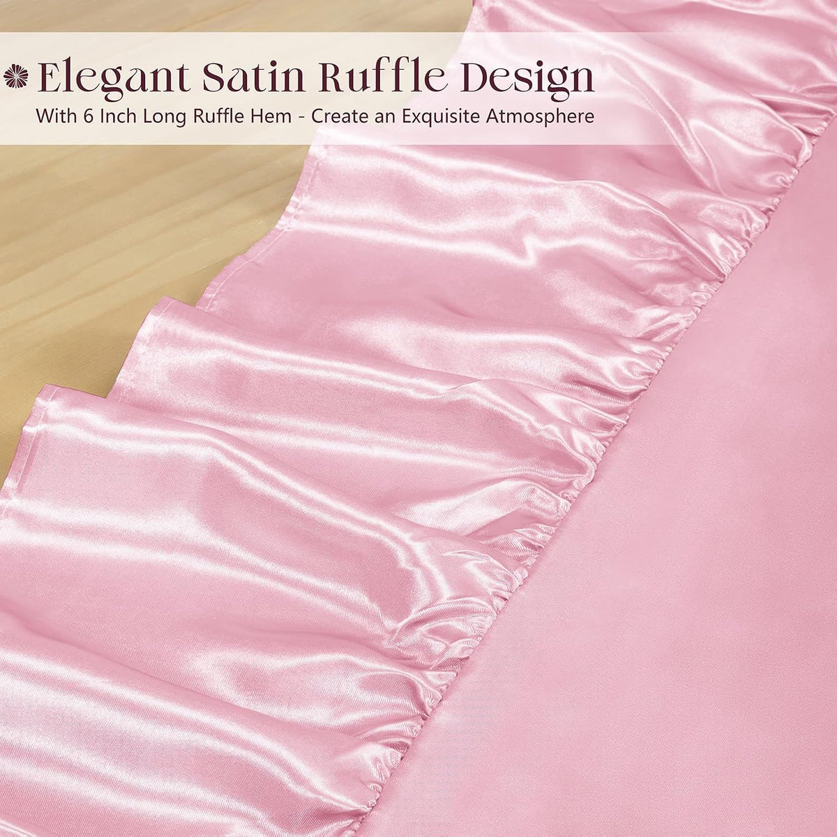 Satin Ruffle Edge Tablecloth - Light Pink Satin Table Cover 52 x 70 Inch Rectangle Bright Silk Table Cloth for Weddings, Banquets, or Home Dining
