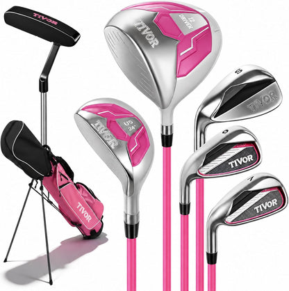 Golf Clubs for Men Women Right Left Handed 7-Piece Complete Set with Driver Hybrid 7 Iron 9 Iron Sand Wedge Putter Stand Bag - Beginner Mens Womens Golf Set Pink Purple Gray Black/Red