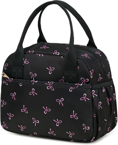 Lunch Box for Women Men Insulated Lunch Bag Lunch Tote Bag Leakproof Thermal Cooler Large Capacity for Travel Work School Picnic (Black Pink Bow)