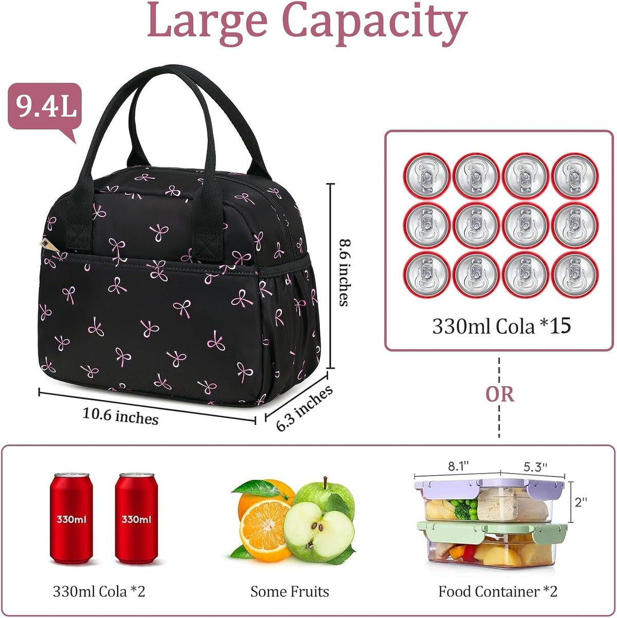 Lunch Box for Women Men Insulated Lunch Bag Lunch Tote Bag Leakproof Thermal Cooler Large Capacity for Travel Work School Picnic (Black Pink Bow)