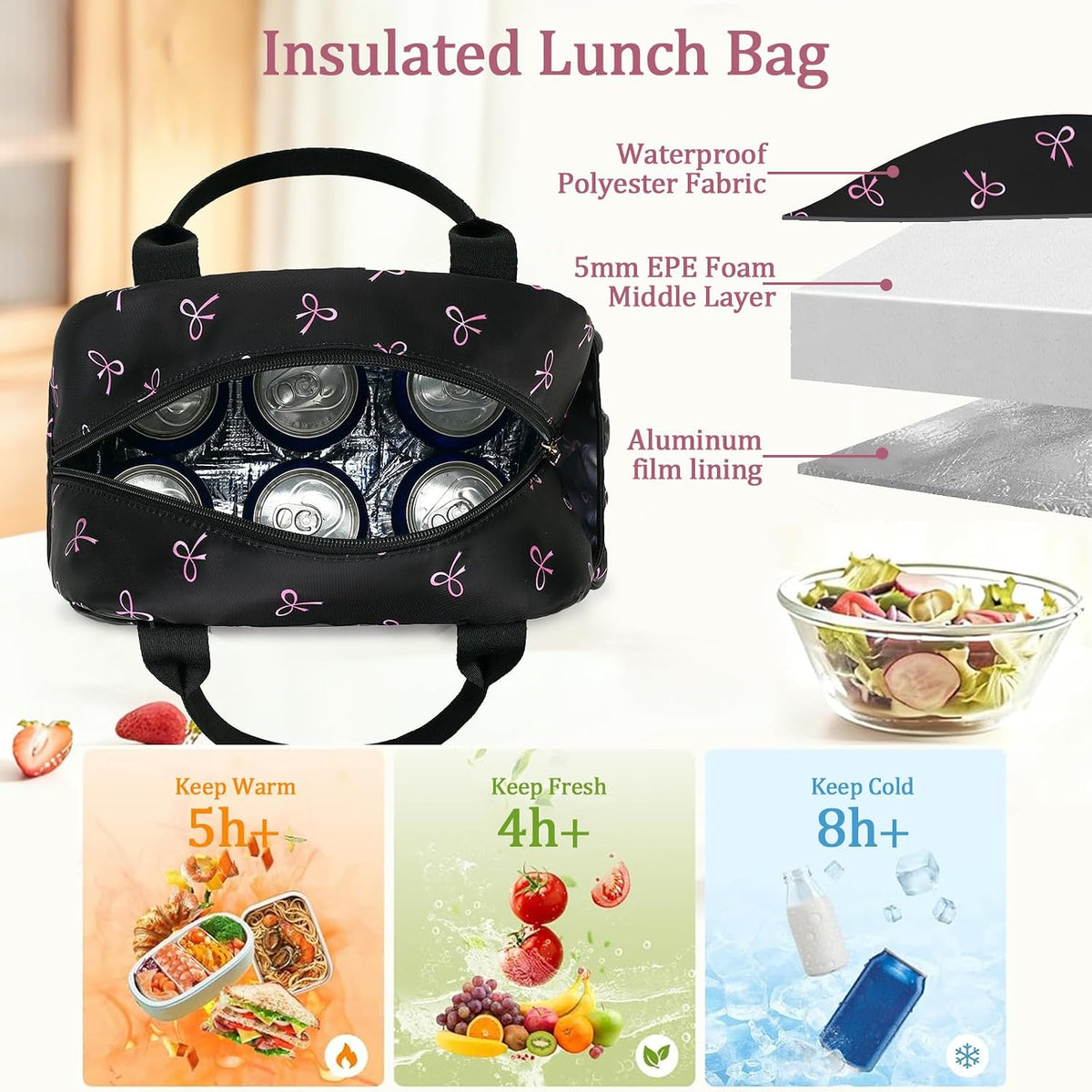 Lunch Box for Women Men Insulated Lunch Bag Lunch Tote Bag Leakproof Thermal Cooler Large Capacity for Travel Work School Picnic (Black Pink Bow)