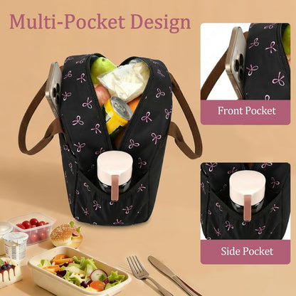 Lunch Box for Women Men Insulated Lunch Bag Lunch Tote Bag Leakproof Thermal Cooler Large Capacity for Travel Work School Picnic (Black Pink Bow)
