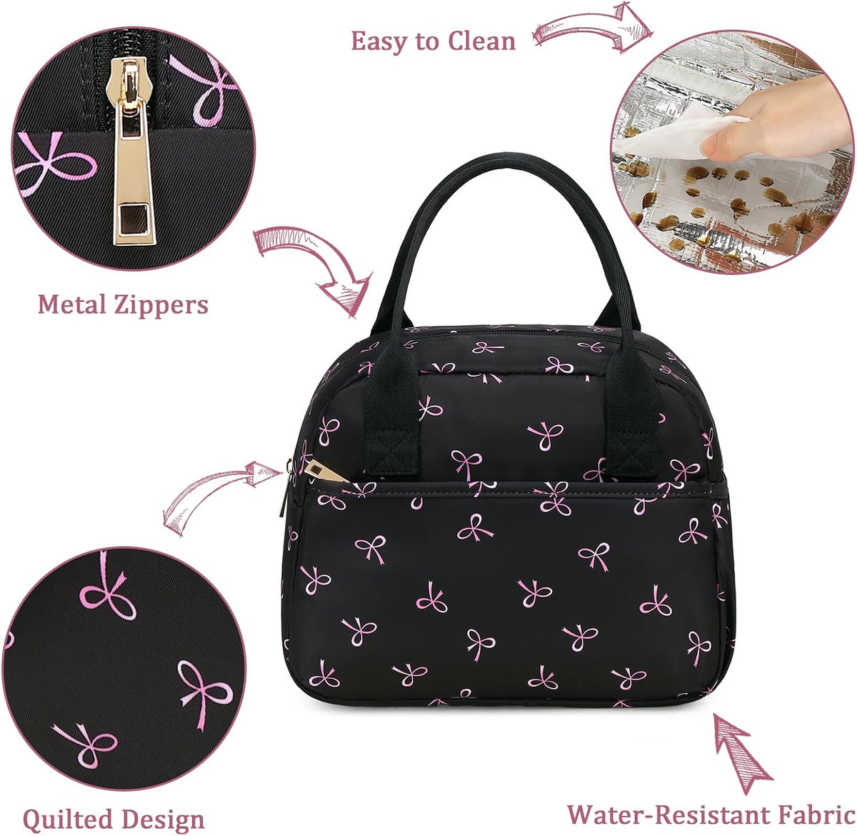 Lunch Box for Women Men Insulated Lunch Bag Lunch Tote Bag Leakproof Thermal Cooler Large Capacity for Travel Work School Picnic (Black Pink Bow)