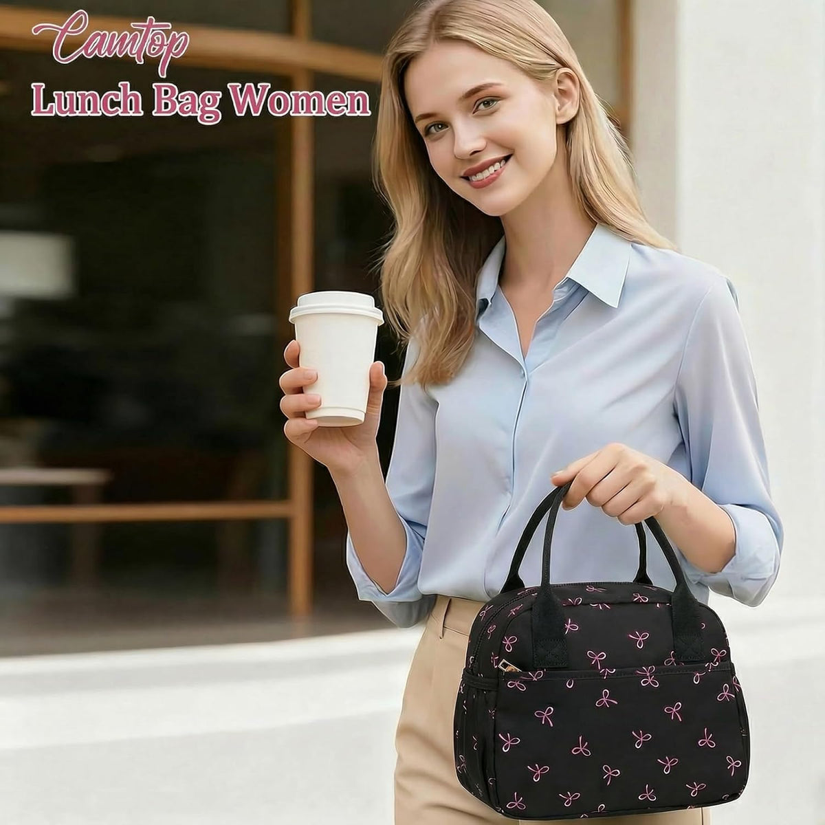 Lunch Box for Women Men Insulated Lunch Bag Lunch Tote Bag Leakproof Thermal Cooler Large Capacity for Travel Work School Picnic (Black Pink Bow)