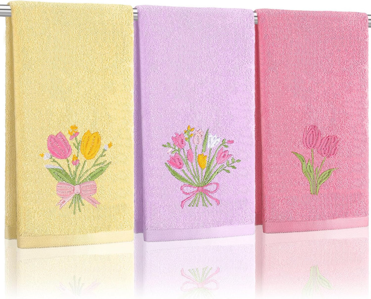 3 Pcs Pastel Tulips Hand Towels Pink Tulip Bouquet Floral Towels