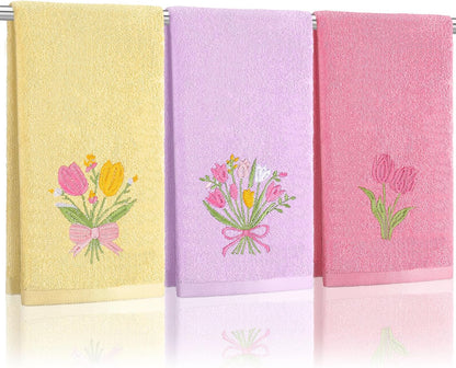 3 Pcs Pastel Tulips Hand Towels Pink Tulip Bouquet Floral Towels