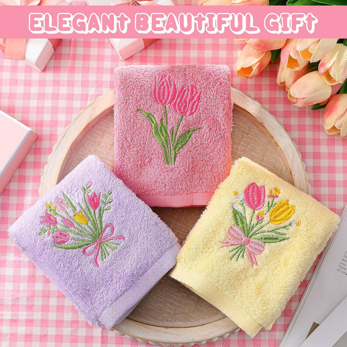 3 Pcs Pastel Tulips Hand Towels Pink Tulip Bouquet Floral Towels