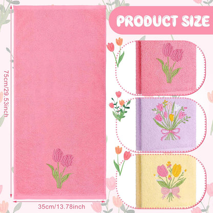 3 Pcs Pastel Tulips Hand Towels Pink Tulip Bouquet Floral Towels