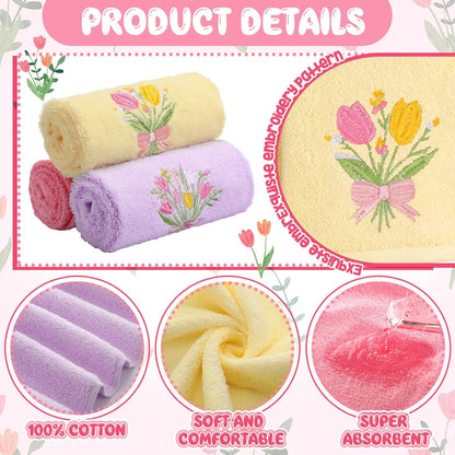 3 Pcs Pastel Tulips Hand Towels Pink Tulip Bouquet Floral Towels