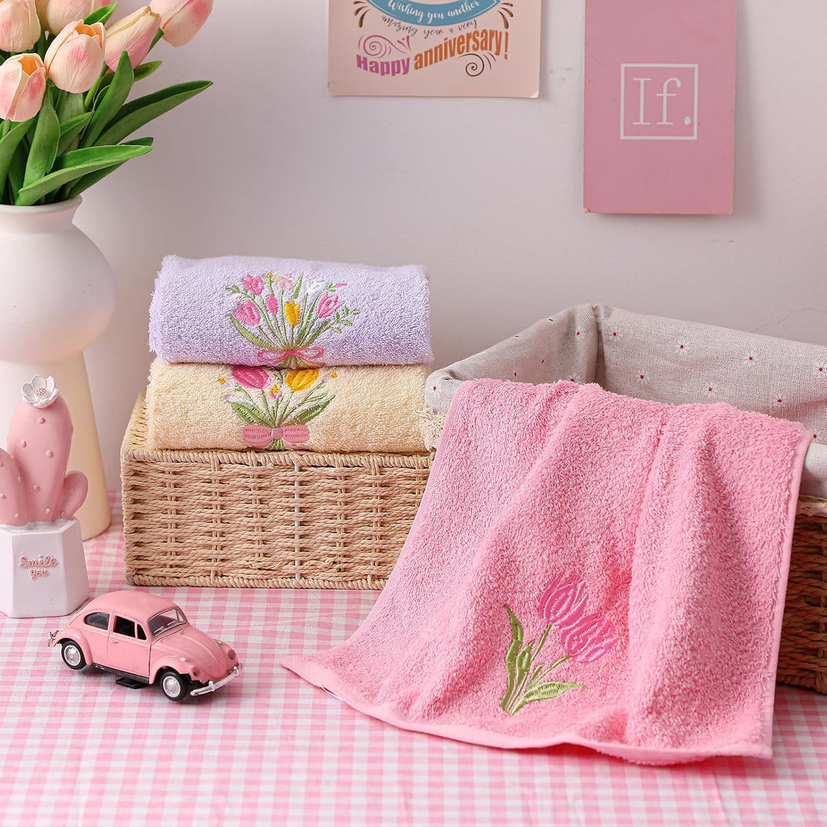 3 Pcs Pastel Tulips Hand Towels Pink Tulip Bouquet Floral Towels
