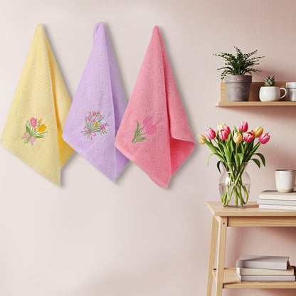 3 Pcs Pastel Tulips Hand Towels Pink Tulip Bouquet Floral Towels