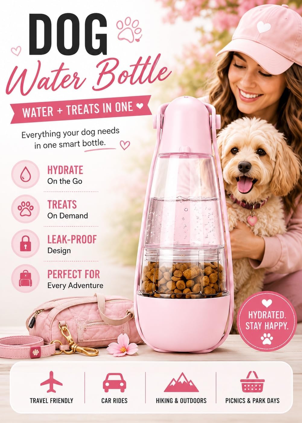 Portable Dog Water Bottle Portable Pink Travel Dog Bowls Puppy Water Bowl