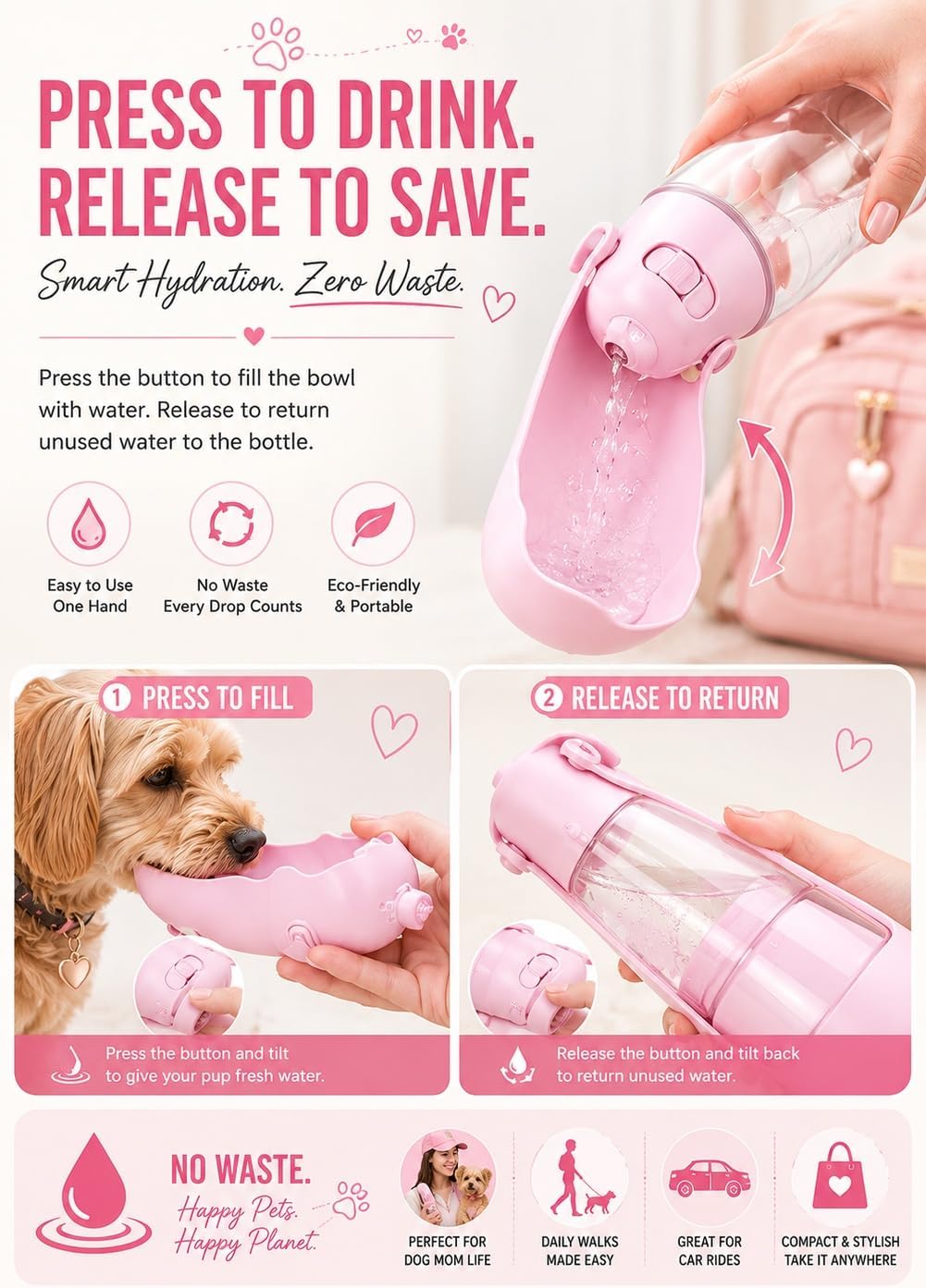 Portable Dog Water Bottle Portable Pink Travel Dog Bowls Puppy Water Bowl