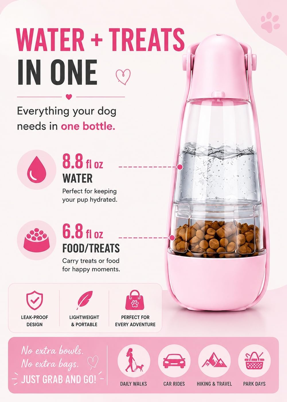 Portable Dog Water Bottle Portable Pink Travel Dog Bowls Puppy Water Bowl
