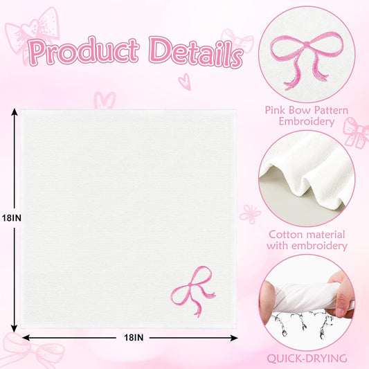 FYSUIMU Pink Bow Cloth Napkins Washable Coquette Bowknot Dinner Napkin Reusable Cotton Bow Napkins 18 x 18 Inch Cute Kitchen Top Collection for Wedding Birthday Bridal or Baby Shower Party, 2Pcs