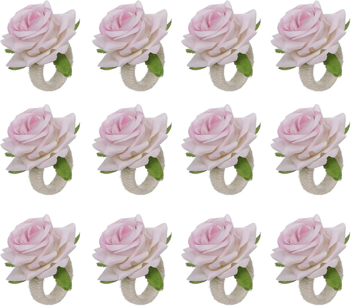 Artificial Pink Rose Flower Napkin Rings Set of 12, Silk Rose Flower Napkin Buckles Rings Faux Rose Flower Napkin Rings Fake Floral Napkin Ring Holder for Home Kitchen Weddings Table Decor