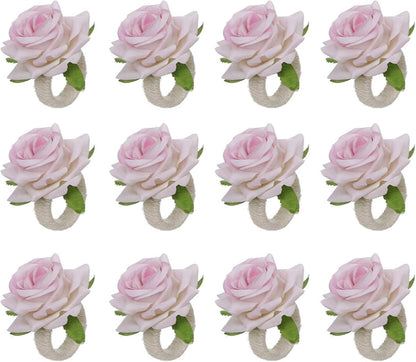 Artificial Pink Rose Flower Napkin Rings Set of 12, Silk Rose Flower Napkin Buckles Rings Faux Rose Flower Napkin Rings Fake Floral Napkin Ring Holder for Home Kitchen Weddings Table Decor