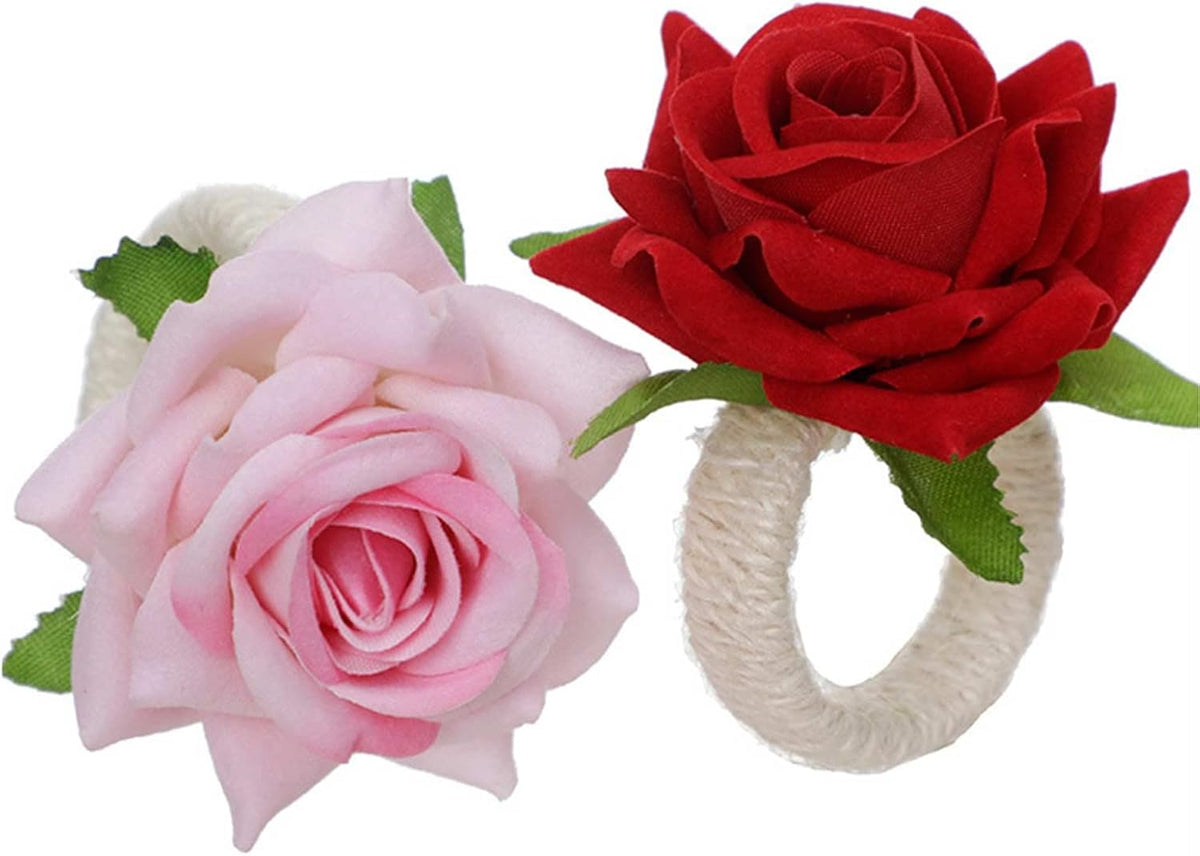 Artificial Pink Rose Flower Napkin Rings Set of 12, Silk Rose Flower Napkin Buckles Rings Faux Rose Flower Napkin Rings Fake Floral Napkin Ring Holder for Home Kitchen Weddings Table Decor