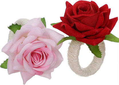 Artificial Pink Rose Flower Napkin Rings Set of 12, Silk Rose Flower Napkin Buckles Rings Faux Rose Flower Napkin Rings Fake Floral Napkin Ring Holder for Home Kitchen Weddings Table Decor