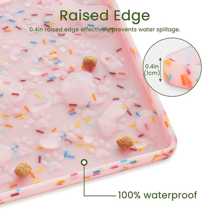 Dog Food Mat Anti-Slip Dog Bowl Mats for Food and Water, Waterproof Pet Placemat Prevents Messy Spill to Floor, Silicone Puppy Feeding Tray for Small, Medium and Large Dogs Cats, Pink