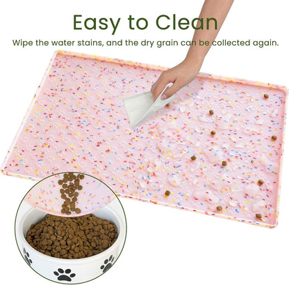 Dog Food Mat Anti-Slip Dog Bowl Mats for Food and Water, Waterproof Pet Placemat Prevents Messy Spill to Floor, Silicone Puppy Feeding Tray for Small, Medium and Large Dogs Cats, Pink