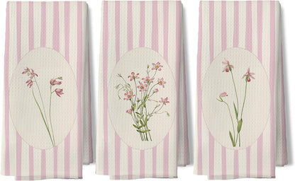 Pink Striped Floral Kitchen Towels, Girly Bathroom Decor, Pastel Pink Flower Wildflower Bouquet Decorative Dish Tea Towels for Kitchen Bathroom, 16x24 Inch Set of 3