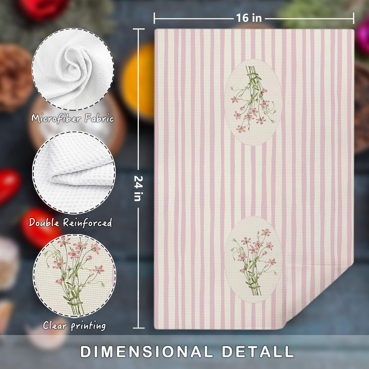 Pink Striped Floral Kitchen Towels, Girly Bathroom Decor, Pastel Pink Flower Wildflower Bouquet Decorative Dish Tea Towels for Kitchen Bathroom, 16x24 Inch Set of 3