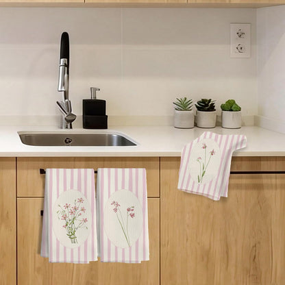 Pink Striped Floral Kitchen Towels, Girly Bathroom Decor, Pastel Pink Flower Wildflower Bouquet Decorative Dish Tea Towels for Kitchen Bathroom, 16x24 Inch Set of 3