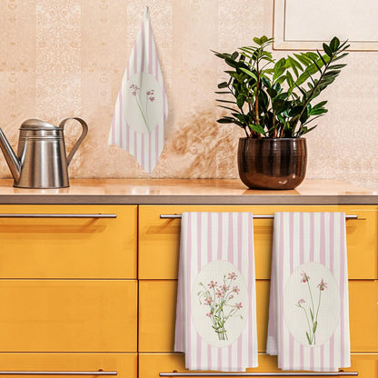 Pink Striped Floral Kitchen Towels, Girly Bathroom Decor, Pastel Pink Flower Wildflower Bouquet Decorative Dish Tea Towels for Kitchen Bathroom, 16x24 Inch Set of 3