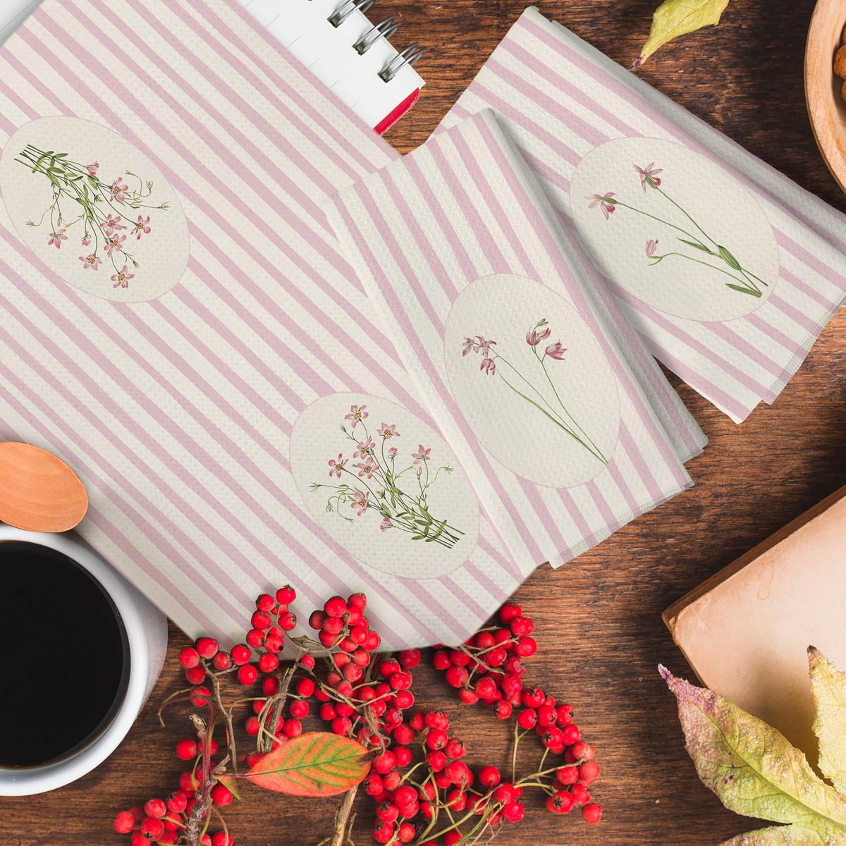 Pink Striped Floral Kitchen Towels, Girly Bathroom Decor, Pastel Pink Flower Wildflower Bouquet Decorative Dish Tea Towels for Kitchen Bathroom, 16x24 Inch Set of 3